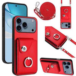 For iPhone 17 Pro Organ Card Bag Ring Holder Phone Case with Long Lanyard(Red)