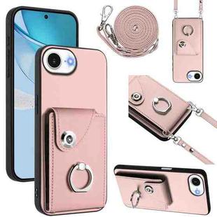 For iPhone 16e Organ Card Bag Ring Holder Phone Case with Long Lanyard(Pink)
