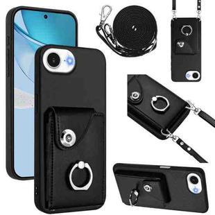 For iPhone 16e Organ Card Bag Ring Holder Phone Case with Long Lanyard(Black)
