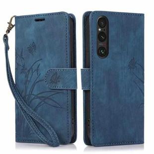 For Sony Xperia 1 V 5G 2023 Orchid Butterfly Embossed Leather Phone Case(Blue)