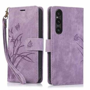 For Sony Xperia 1 V 5G 2023 Orchid Butterfly Embossed Leather Phone Case(Purple)