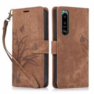 For Sony Xperia 5 IV Orchid Butterfly Embossed Leather Phone Case(Brown)