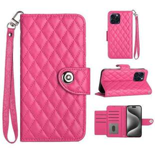 For iPhone 15 Pro Max Rhombic Texture Flip Leather Phone Case with Lanyard(Rose Red)