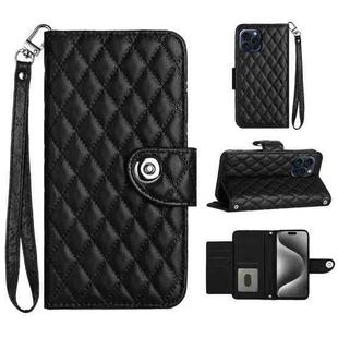 For iPhone 15 Pro Rhombic Texture Flip Leather Phone Case with Lanyard(Black)