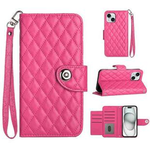 For iPhone 15 Plus Rhombic Texture Flip Leather Phone Case with Lanyard(Rose Red)