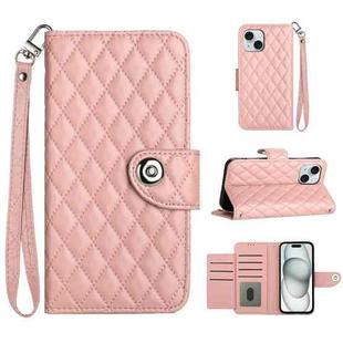 For iPhone 15 Plus Rhombic Texture Flip Leather Phone Case with Lanyard(Coral Pink)