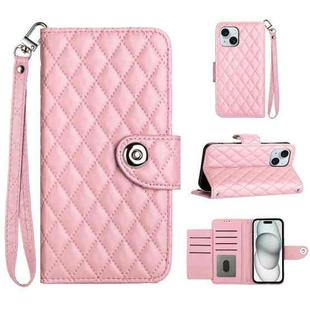 For iPhone 15 Plus Rhombic Texture Flip Leather Phone Case with Lanyard(Pink)