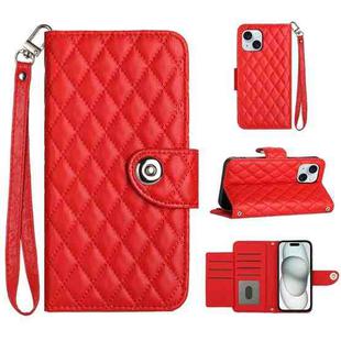 For iPhone 15 Rhombic Texture Flip Leather Phone Case with Lanyard(Red)