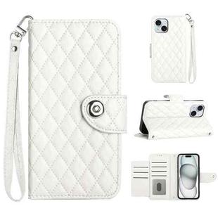 For iPhone 15 Rhombic Texture Flip Leather Phone Case with Lanyard(White)