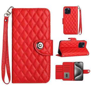 For iPhone 14 Pro Rhombic Texture Flip Leather Phone Case with Lanyard(Red)