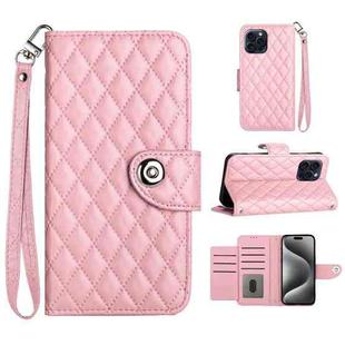 For iPhone 13 Pro Rhombic Texture Flip Leather Phone Case with Lanyard(Pink)