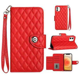 For iPhone 12 / 12 Pro Rhombic Texture Flip Leather Phone Case with Lanyard(Red)