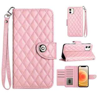 For iPhone 12 / 12 Pro Rhombic Texture Flip Leather Phone Case with Lanyard(Pink)