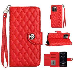 For iPhone 12 Pro Max Rhombic Texture Flip Leather Phone Case with Lanyard(Red)