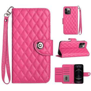 For iPhone 12 Pro Max Rhombic Texture Flip Leather Phone Case with Lanyard(Rose Red)