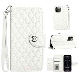 For iPhone 12 Pro Max Rhombic Texture Flip Leather Phone Case with Lanyard(White)