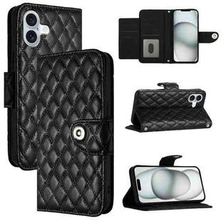 For iPhone 16 Plus Rhombic Texture Flip Leather Phone Case with Lanyard(Black)