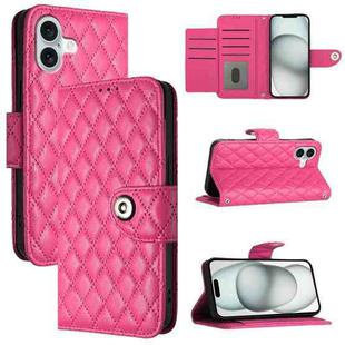 For iPhone 16 Plus Rhombic Texture Flip Leather Phone Case with Lanyard(Rose Red)