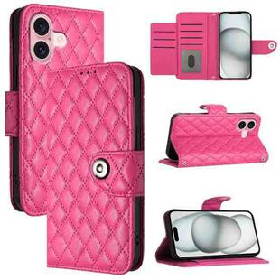 For iPhone 16 Rhombic Texture Flip Leather Phone Case with Lanyard(Rose Red)