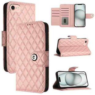 For iPhone SE 2024 Rhombic Texture Flip Leather Phone Case with Lanyard(Coral Pink)