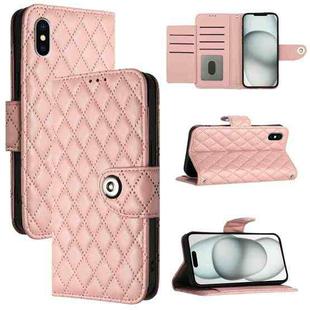 For iPhone XS / X Rhombic Texture Flip Leather Phone Case with Lanyard(Coral Pink)