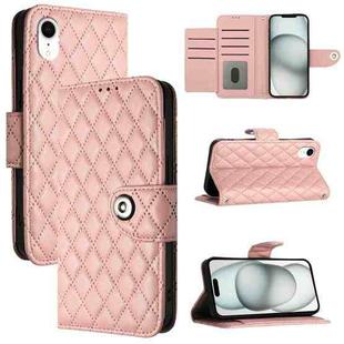 For iPhone XR Rhombic Texture Flip Leather Phone Case with Lanyard(Coral Pink)