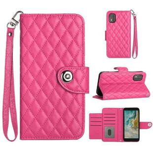 For Nokia C02 Rhombic Texture Flip Leather Phone Case with Lanyard(Rose Red)