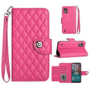 For Nokia C12 Rhombic Texture Flip Leather Phone Case with Lanyard(Rose Red)