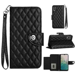 For Nokia C32 Rhombic Texture Flip Leather Phone Case with Lanyard(Black)