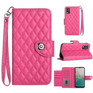 For Nokia C32 Rhombic Texture Flip Leather Phone Case with Lanyard(Rose Red)