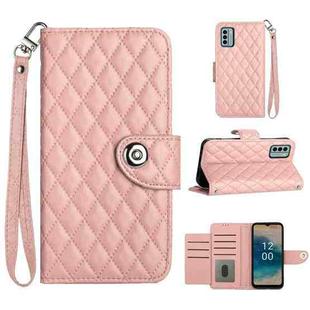 For Nokia G22 Rhombic Texture Flip Leather Phone Case with Lanyard(Coral Pink)