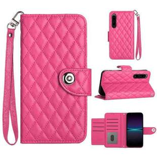 For Sony Xperia 1 IV Rhombic Texture Flip Leather Phone Case with Lanyard(Rose Red)