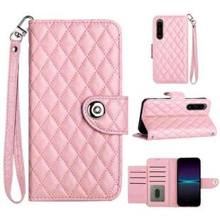 For Sony Xperia 1 IV Rhombic Texture Flip Leather Phone Case with Lanyard(Pink)