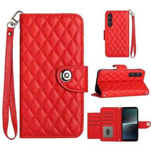 For Sony Xperia 1 V Rhombic Texture Flip Leather Phone Case with Lanyard(Red)