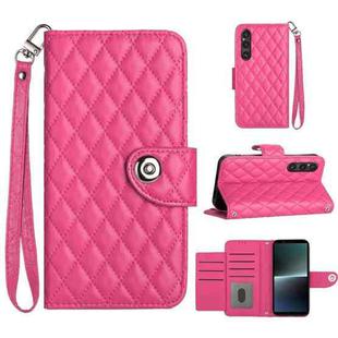 For Sony Xperia 1 V Rhombic Texture Flip Leather Phone Case with Lanyard(Rose Red)