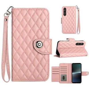 For Sony Xperia 1 V Rhombic Texture Flip Leather Phone Case with Lanyard(Coral Pink)