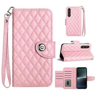 For Sony Xperia 1 V Rhombic Texture Flip Leather Phone Case with Lanyard(Pink)