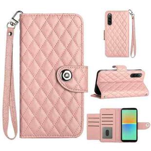 For Sony Xperia 10 IV Rhombic Texture Flip Leather Phone Case with Lanyard(Coral Pink)