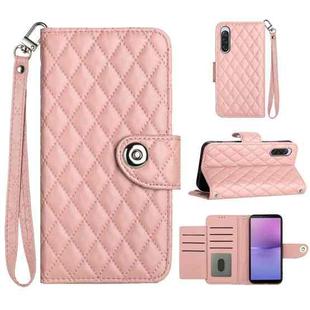 For Sony Xperia 10 V Rhombic Texture Flip Leather Phone Case with Lanyard(Coral Pink)