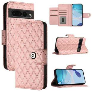 For Google Pixel 7 Pro Rhombic Texture Flip Leather Phone Case with Lanyard(Coral Pink)