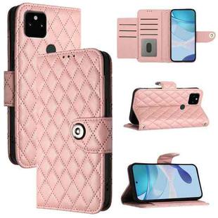 For Google Pixel 5a Rhombic Texture Flip Leather Phone Case with Lanyard(Coral Pink)