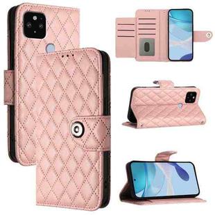 For Google Pixel 5 XL / Pixel 4a 5G Rhombic Texture Flip Leather Phone Case with Lanyard(Coral Pink)