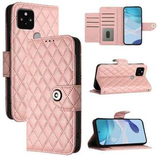 For Google Pixel 5 Rhombic Texture Flip Leather Phone Case with Lanyard(Coral Pink)