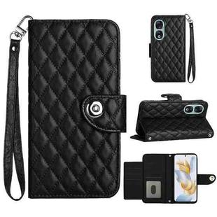 For Honor 90 Rhombic Texture Flip Leather Phone Case with Lanyard(Black)