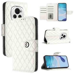 For Honor Magic6 Rhombic Texture Flip Leather Phone Case with Lanyard(White)