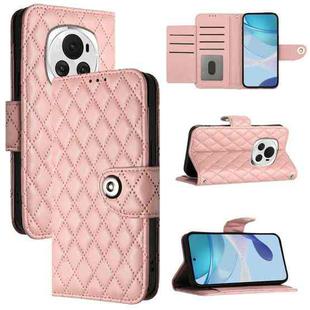 For Honor Magic6 Rhombic Texture Flip Leather Phone Case with Lanyard(Coral Pink)