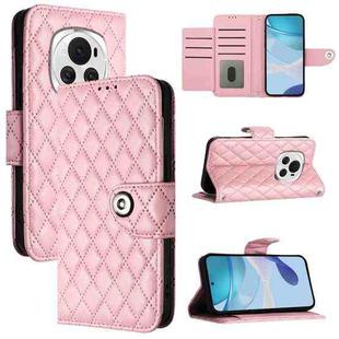 For Honor Magic6 Rhombic Texture Flip Leather Phone Case with Lanyard(Pink)