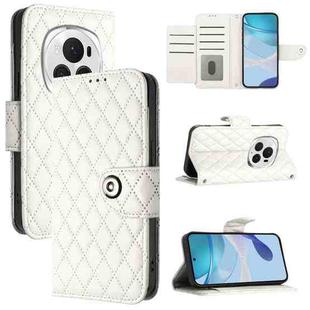 For Honor Magic6 Pro Rhombic Texture Flip Leather Phone Case with Lanyard(White)