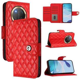 For Honor X9c 5G Global Rhombic Texture Flip Leather Phone Case with Lanyard(Red)