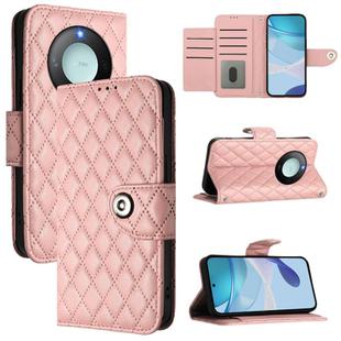 For Honor X9c Smart 5G Global Rhombic Texture Flip Leather Phone Case with Lanyard(Coral Pink)